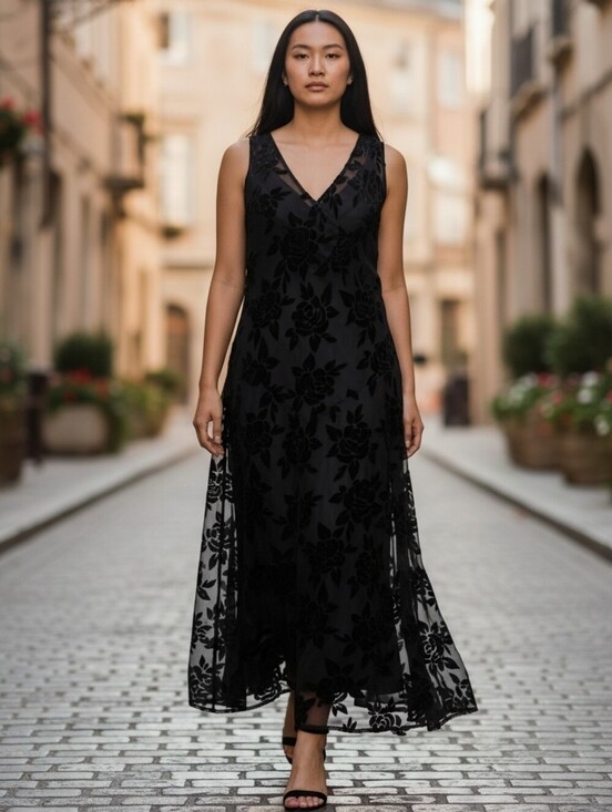 Robbie Bee Dresses & Skirts - Robbie Bee Black Burnout Velvet Floral Midi Dress Size 12 Sheer Overlay Party